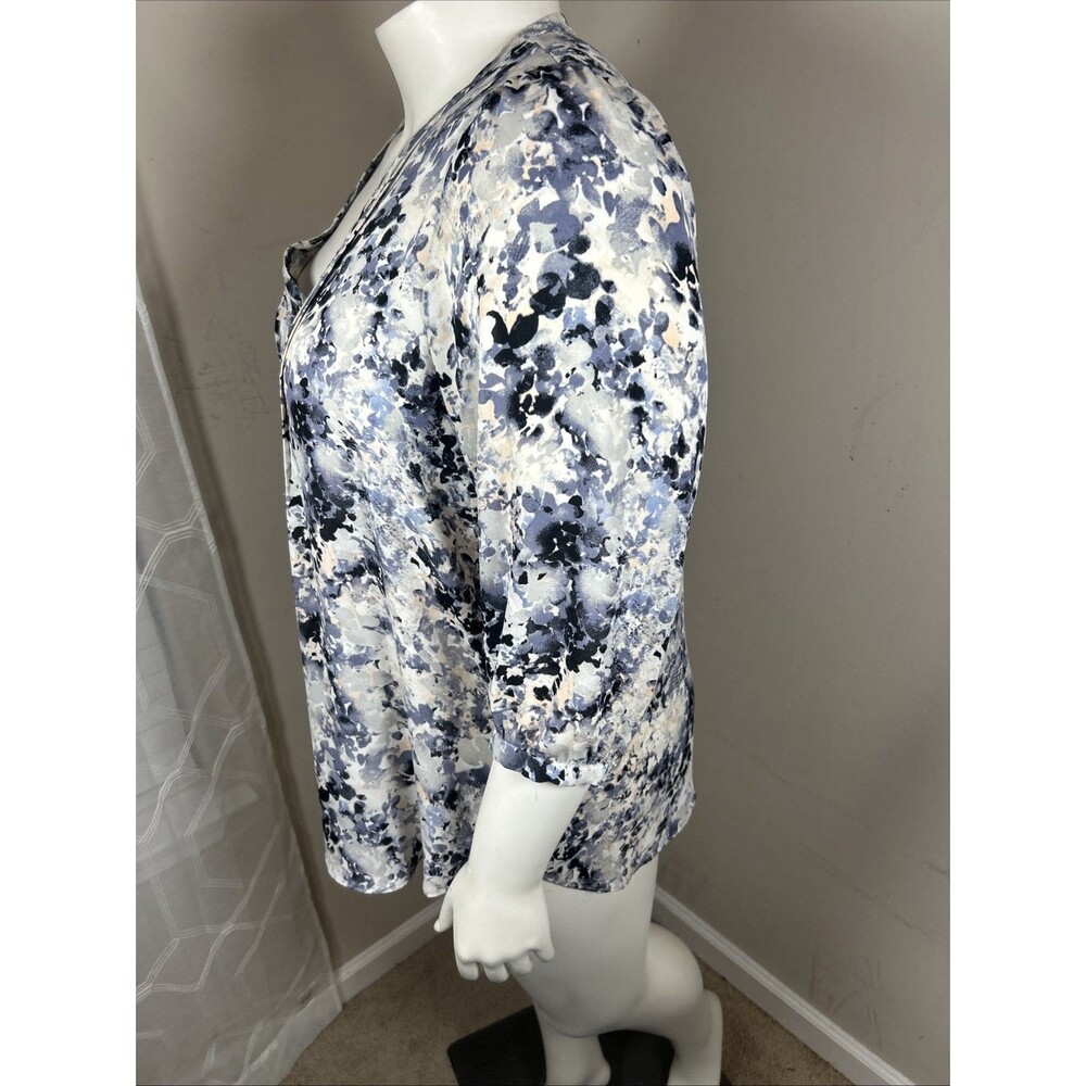 Rose Olive Blouse 2X Blue Abstract Floral Classic Casual Workwear Office Career - Picture 7 of 13